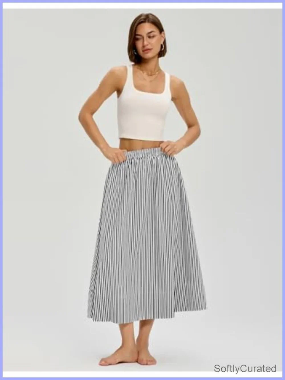 Women's A-Line Midi Skirt with Pockets Cotton Flowy Elastic Waist Summer Beach